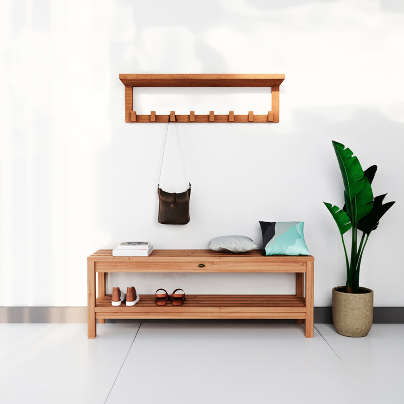 Portemanteau mural en teck, H 9 po x l 35,25 po x P 9 po