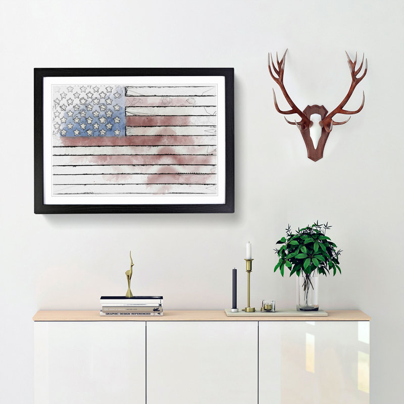 Painted American Flag in Abstract - Picture Frame Drawing Print, 27cm H x 36cm W x 2cm D, Black Framed