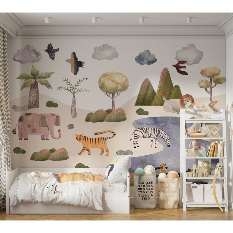 Papier peint pour enfants - Animaux de la savane aux couleurs pastel, L 177 po x L 124 po