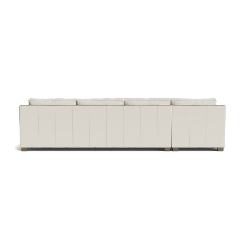 Canapé d'angle Keaton en cuir avec accoudoirs inclinés et clous décoratifs, méridienne gauche, Nickel brossé, Bois flotté