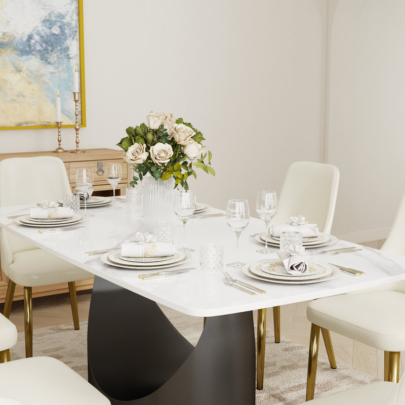 Ensemble de table de salle à manger en pierre frittée pour 6 personnes avec chaises rembourrées en similicuir, Blanc, Pandora