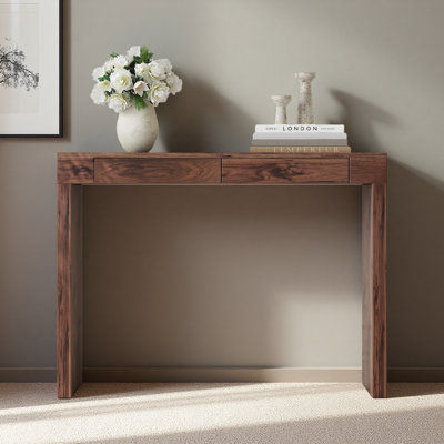 Table de bar élégante en bois de noyer naturel de 50 po de long, un choix pratique pour la décoration moderne. Placage à texture de grain de bois noyer, équipé de tiroirs doubles, pouvant servir de comptoir de bar