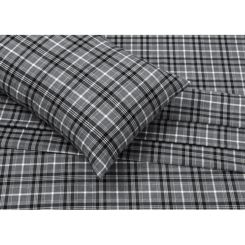100% Cotton Flannel Sheet Set 4 Piece Warm Cozy Fall Sheets 16 inch Deep Pocket Bed Sheets, Gray/Plaid