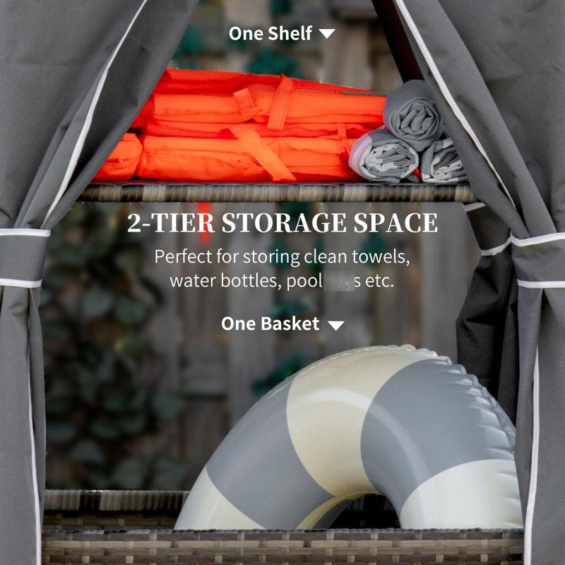 Outdoor Towel Storage Caddy - Covered Poolside Rack With Shelf, Basket, And Rolling Pe , Grey Holder