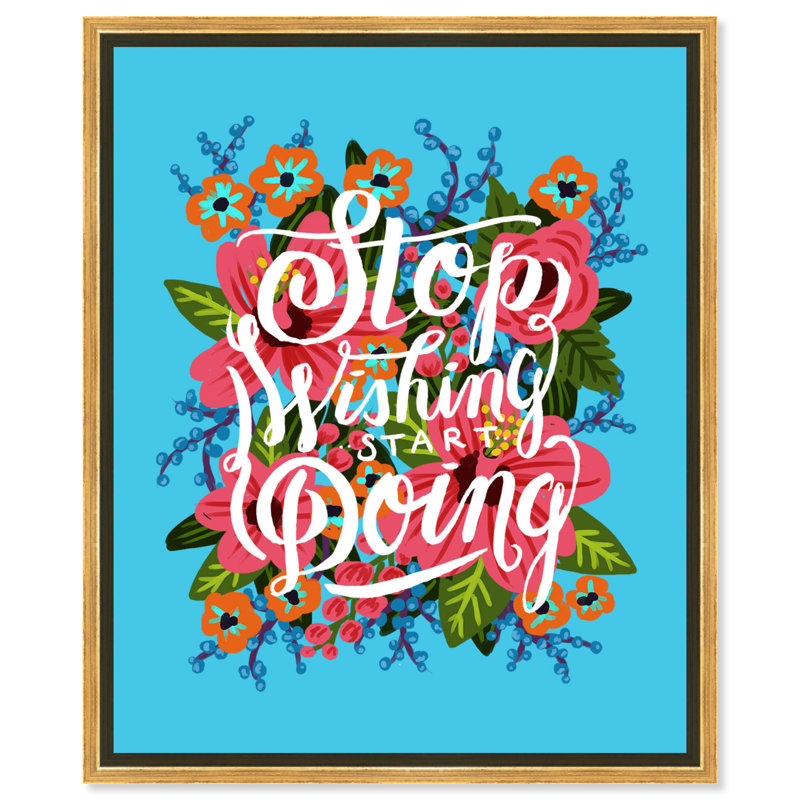 «Start Doing Blue» - Art textuel sur toile, Cadre doré, H 20 po x l 30 po
