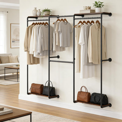 Industrial Pipe Clothes Rack For Walk-In Wardrobe Multi-Purpose Storage Clothes Hanging Shelf Black
