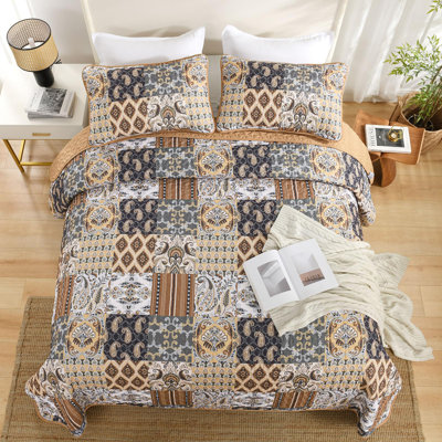 Ensemble de courtepointe à carreaux en microfibre 3 pièces Paisley Boho