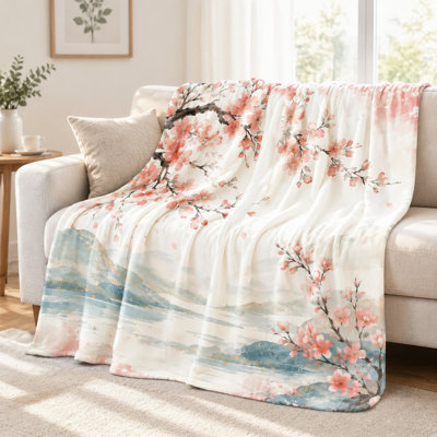 Couverture douillette à motif de fleurs de cerisier - Paysage aquarelle, fleurs roses, design artistique serein, légère, respirante, confort toutes saisons, toucher douillet, lavable à la machine, décorative, pour canapé, fauteuil, salon et chambre