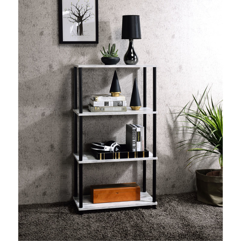 Antique White & Black Industrial Bookcase Shelf, 4 Tier, Metal Composite Wood, 24"L X 12"D 44"H, Showcases Your Book Treasures Beautifully Tier In Black, Look, Paper Veneer, Arranges Collection Neatly