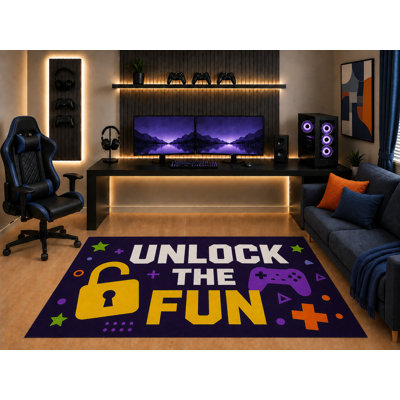 «Ultra Léger» 5 pi x 7 pi Débloquez le tapis de jeu amusant Illustration graphique de contrôleur pour les garçons Chambre à coucher pour salle de jeux Salle de jeux Revêtement en silicone antidérapant