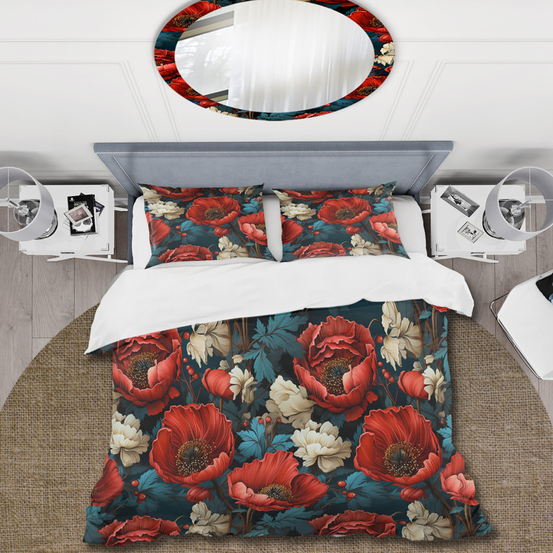 Literie bleue et rouge à motif de coquelicots IV, Housse de couette pour très grand lit et 2 très