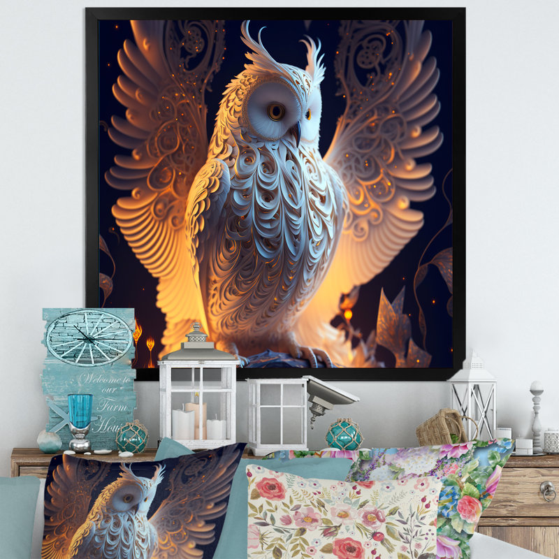 Lumineux hibou blanc II - art mural hibou pour le salon, H 16 po x l 16 po x P 1 po, Impression noire sur toile encadrée