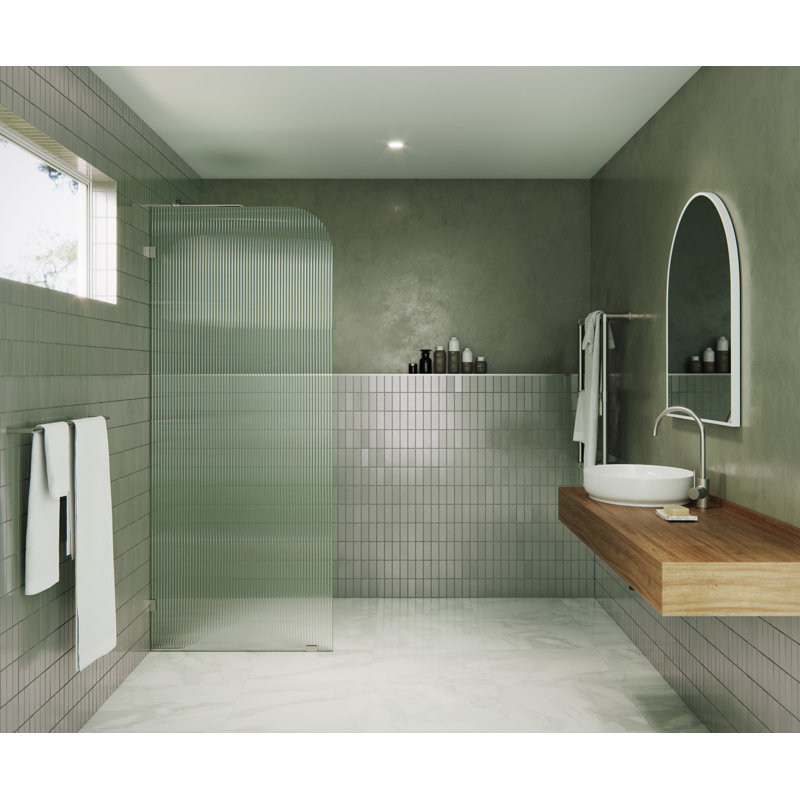 Aurora 32 in. x 78 in. Fully Frameless Fluted Radius Single Fixed Shower Panel, Brushed Nickel, Left Opening