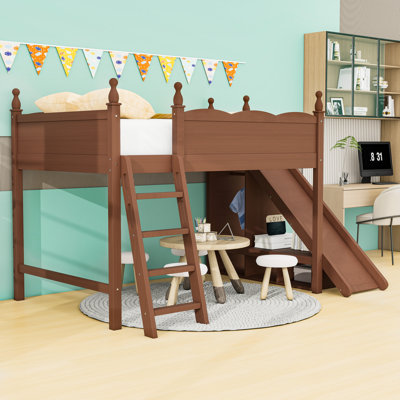 Loft Bed with Storage Shelves and Ladder,Slide