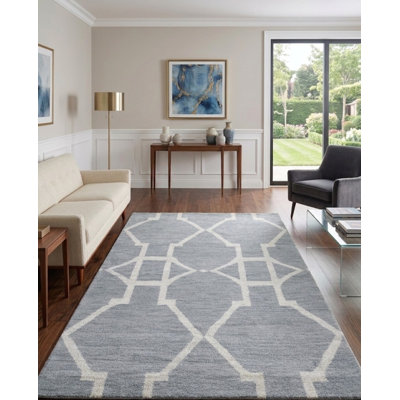 Light Gray | White Wool Handmade Geometric Indoor Area Rug Hand Knotted Rectangle