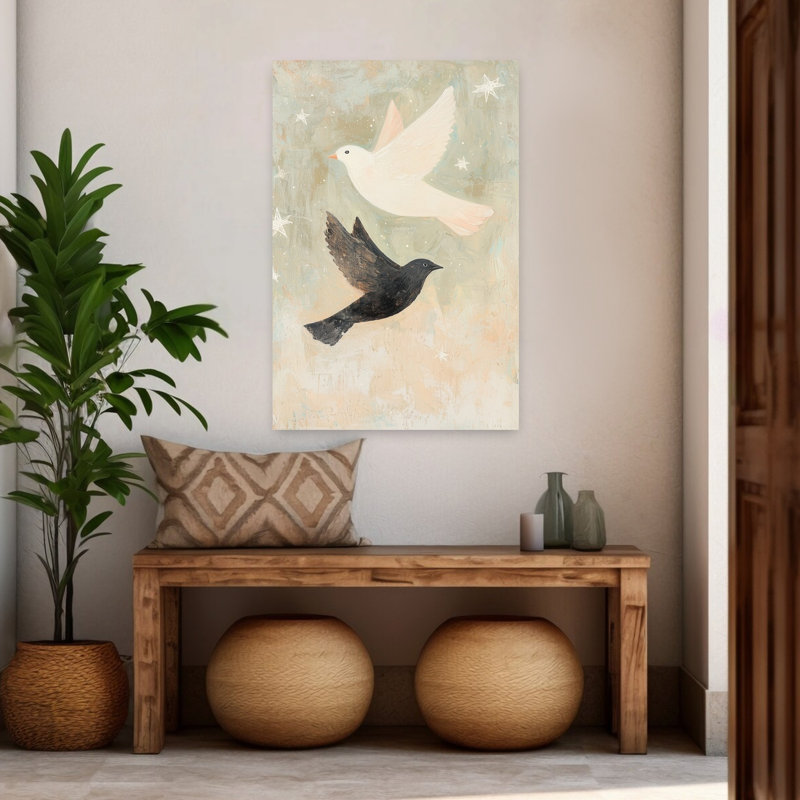 Blanc et noir, vol, éthéré, paix, oiseau abstrait, paysage, impression d'art mural, H 48 po x l 32 po