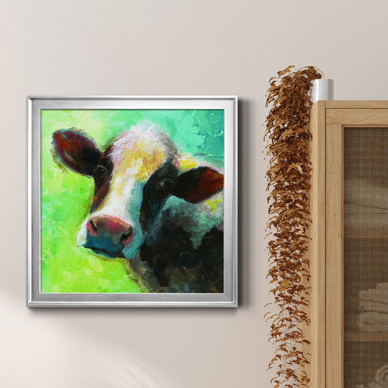 «Colorful Quirky Cow», peinture sur toile encadrée, H 22,5 po x l 22,5 po x P 1,5 po, Encadrement argenté