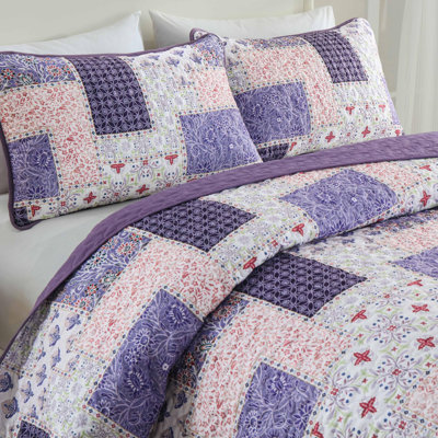 3-Piece Reversible Patchwork Quilt Set - Lightweight Microfiber Bedspread Coverlet for All Seasons