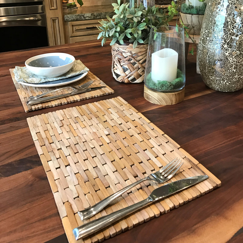 Handcrafted Teak Wood Geometric Rectangular Placemat Set