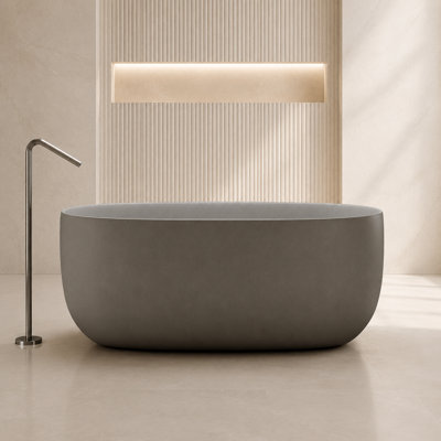 51" Solid Surface Freestanding Soaking Bathtub, Oval Resin Stone Tub with Overflow and Pop-Up Drain, Matte Grey