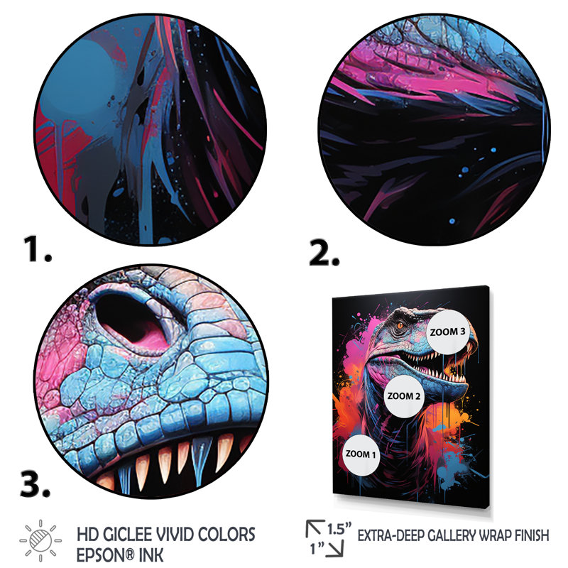 Portrait de dinosaure bleu et mauve préhistorique - dinosaure, art mural, Cadre simple noir, H 32 po x l 24 po x P 1 po