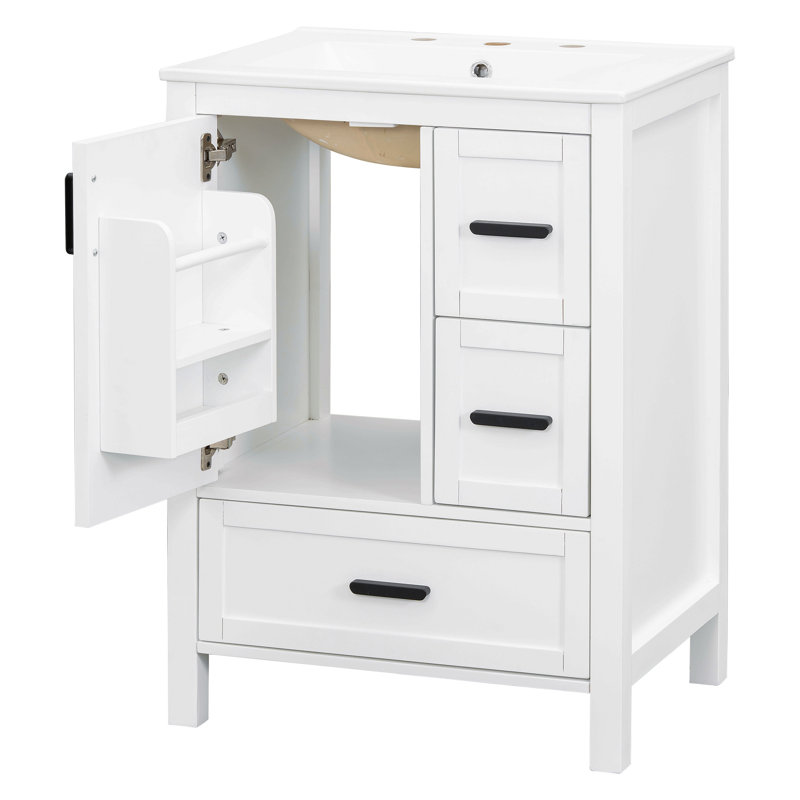 Meuble-lavabo moderne de 24 pouces avec lavabo en céramique, porte à fermeture douce, tablette de porte à double couche et 3 tiroirs