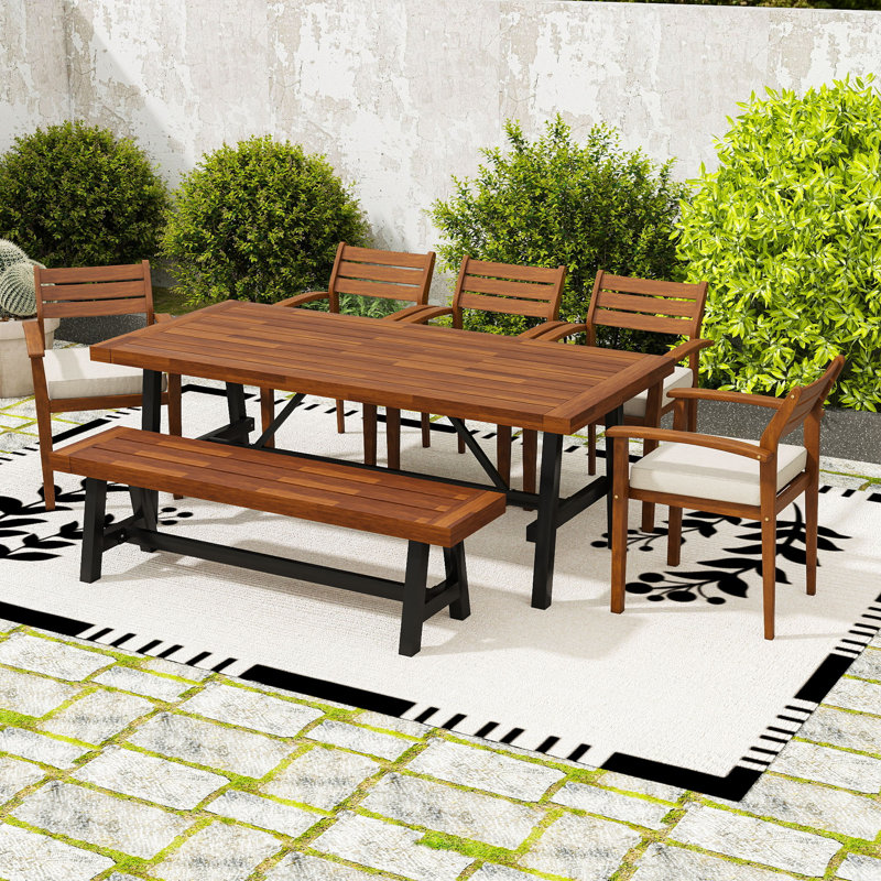 Ensemble repas d'extérieur 7 pièces pour 8 personnes avec table de patio, 5 chaises ergonomiques, coussins amovibles et banc