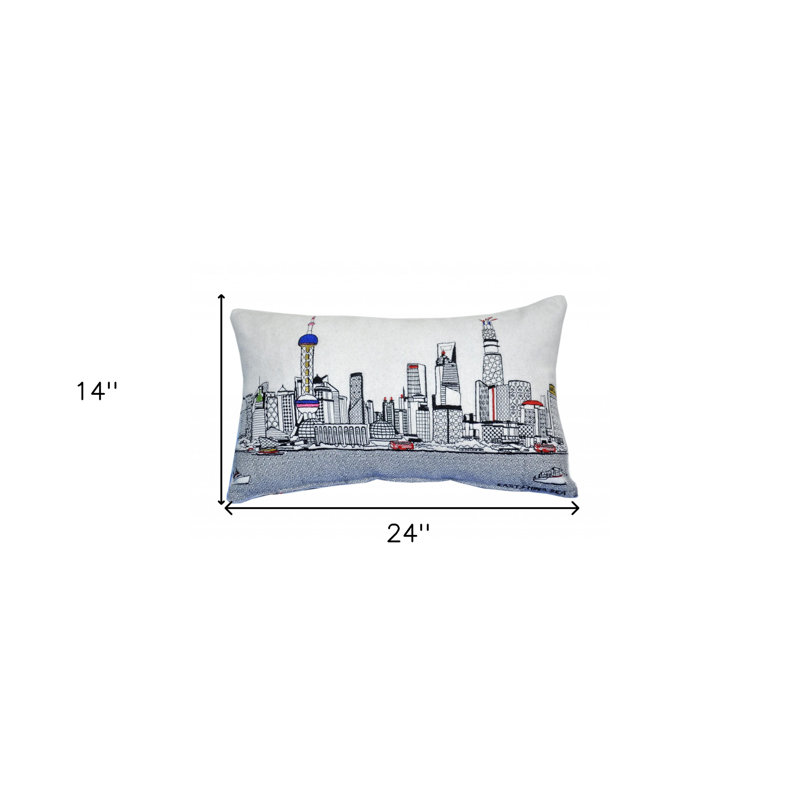 24" White Shanghai Daylight Skyline Lumbar Decorative Pillow, White