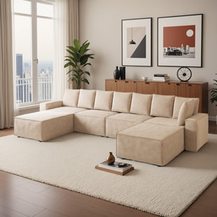 125 Inch Width, 6 Seat Modular Sofa With Ottoman, Luxuly Modular Sectional Corduroy Sofa Set, U Shaped Couch Reversible Chaise Modular Sectional Couch