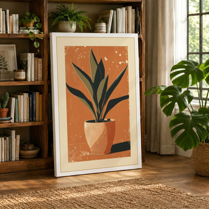 Potted Plant Geometric Botanical - Wrapped Canvas, 30x20 - 76.2 x 50.8 cm, Black Border