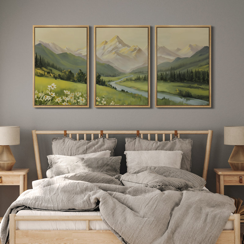 «Golden Mountain Valley with River and Wildflowers», reproduction d'art sur toile encadrée 3 pièces, Cadre naturel
