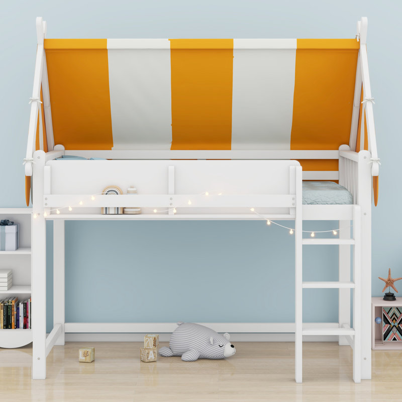 Lit mezzanine moderne à baldaquin avec éclairage à DEL intégré et tablettes, Blanc