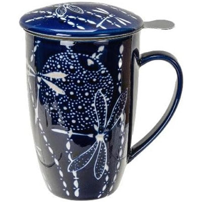 Tasse à thé en porcelaine bleue 15 oz avec couvercle et infuseur en acier inoxydable Blue Dragonfly Tombo