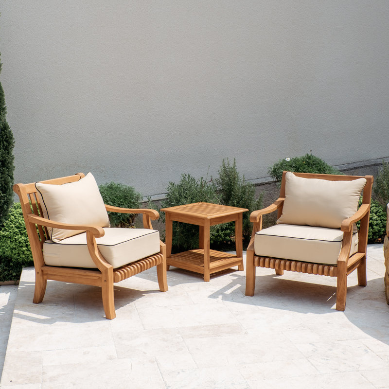 Jo Teak Outdoor 2 - Person Seating Group with Cushions, Natural Wood, Taupe with Black Piping