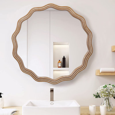 23,62 pouces miroir rond en bois ondulé miroir mural rond miroir festonné-grand décor encadré en bois suspendu cercle cercle moderne décor de ferme pour la salle de bain, salon, chambre de bébé décor