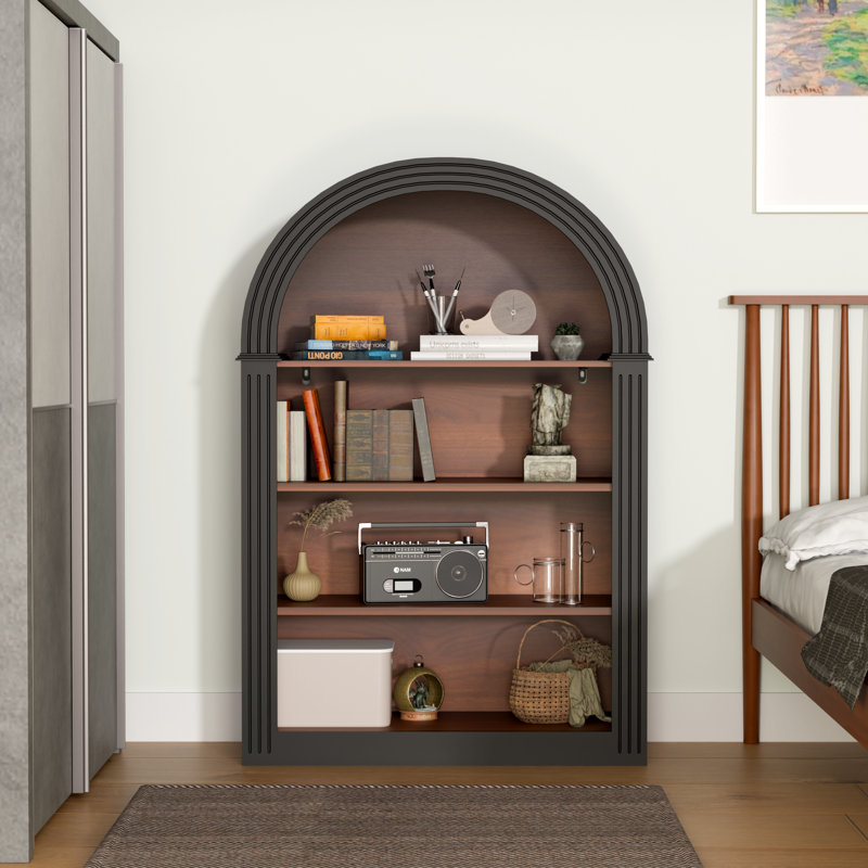 Bookcase, 4-shelf Tall Bookshelf, 45.66" Wood Open Display Floor Arched Bookcase,black