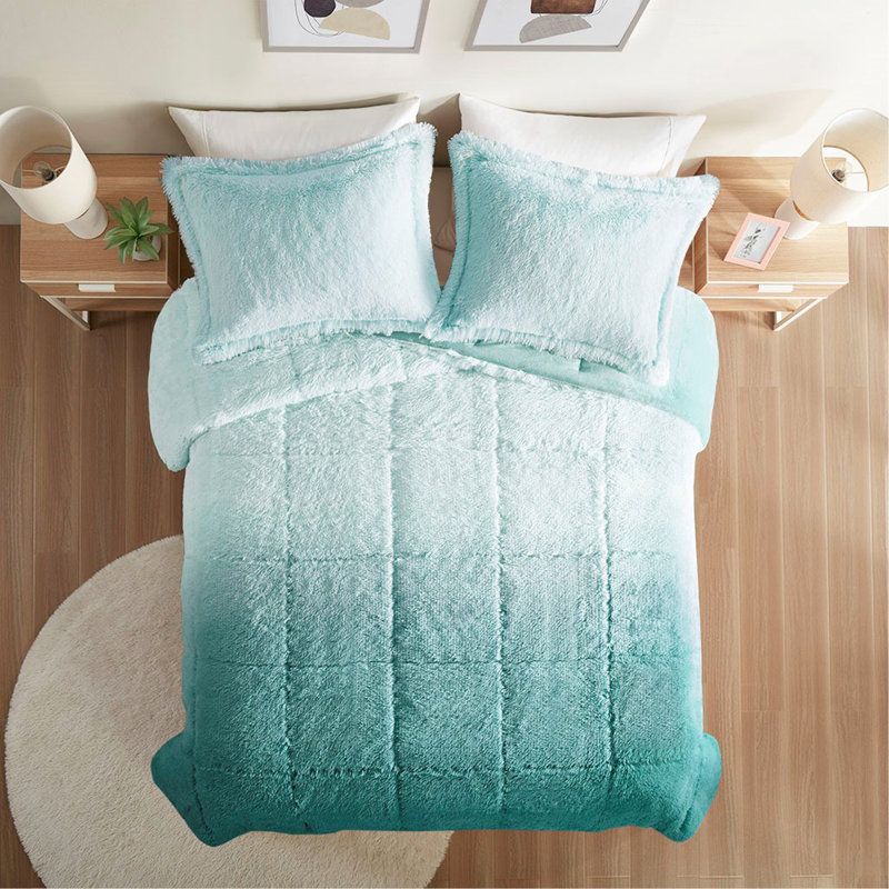 Mini ensemble d'édredon à poils longs Ombre, Turquoise, Édredon simple + 1 taie décorative
