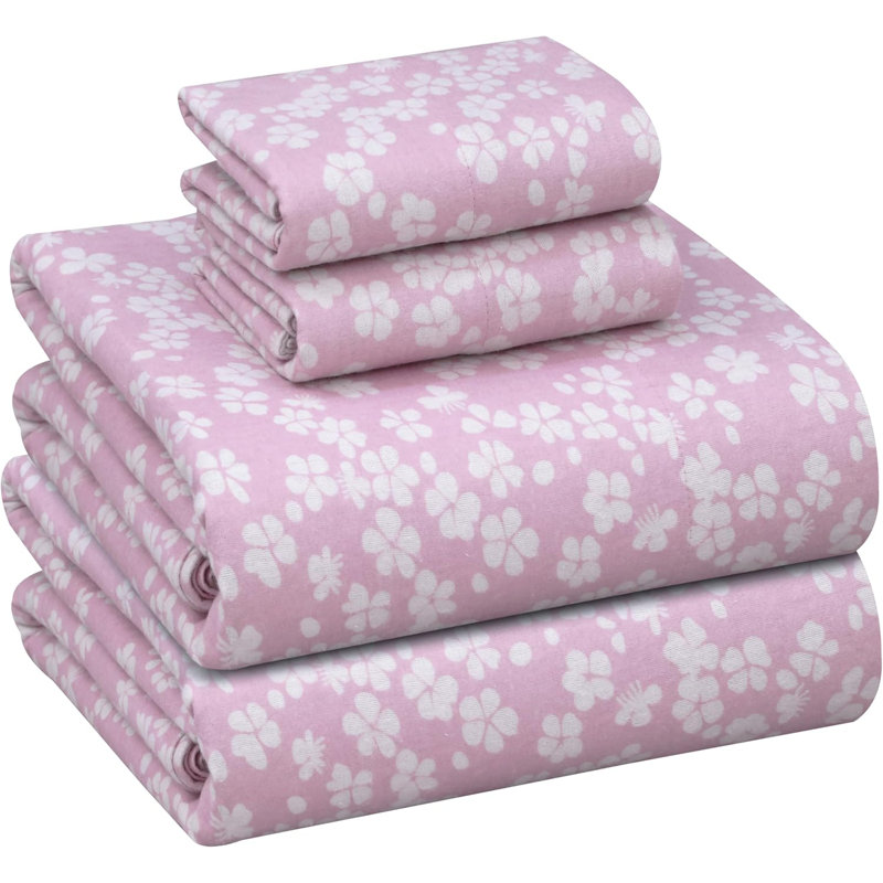 Ensemble de draps en flanelle 100% coton, 4 pièces, draps d'automne chauds et douillets de 16 po, Motif floral rose