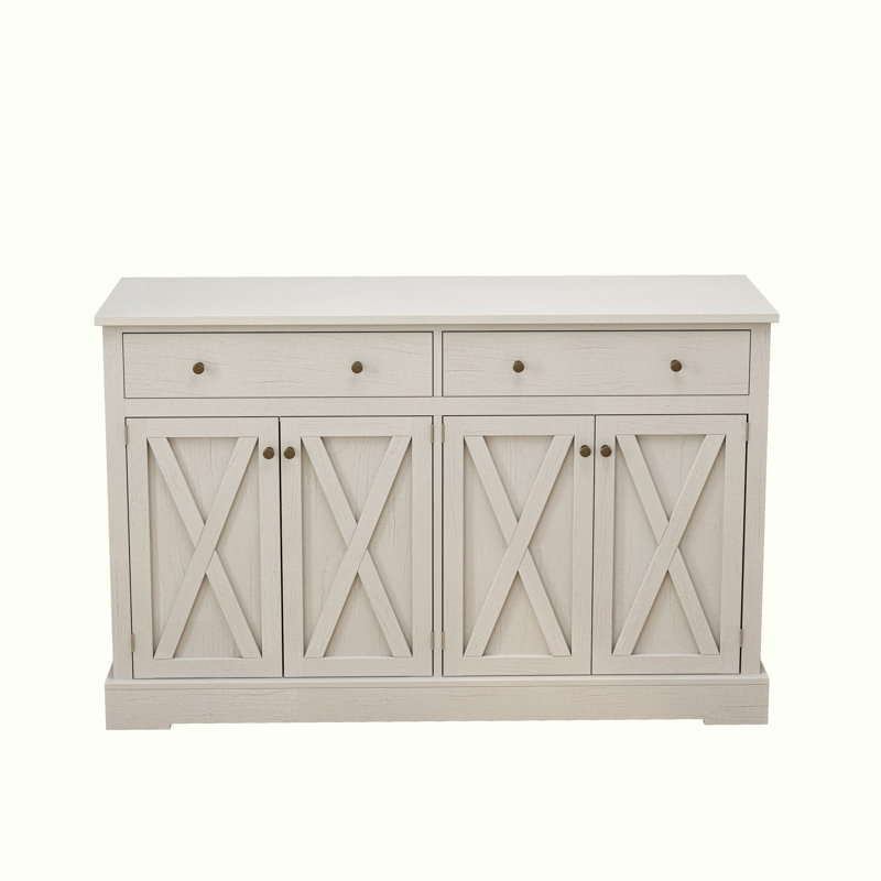 Storage Sideboard Cabinet with Two Drawers and Four Doors, White