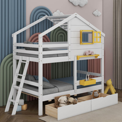 Adrio Twin over Twin Bunk Bed with 2 Drawers, 1 Storage Box, Shelf, Window and Roof -  Harper Orchard, 1FEACFD8C4BA46A19A7B38530406FD99