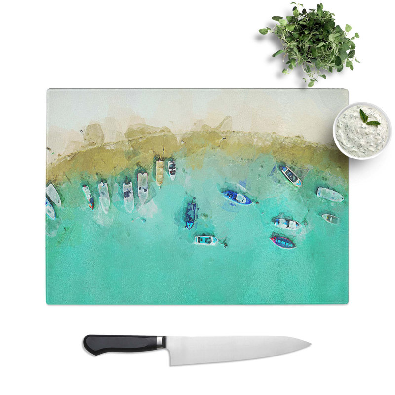 Tempered Glass Aerial View of Boats Chopping Board, 28.5 cm W x 20 cm L