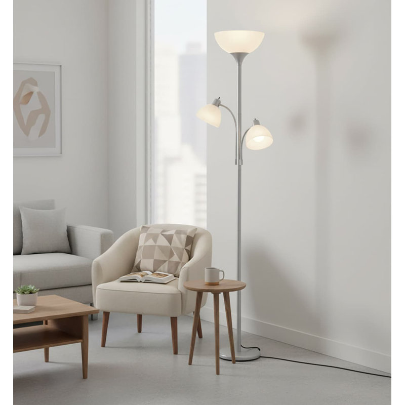 Sky Dome Double LED Torchiere Floor Lamp - Pole Super Bright Dimmable Standing Lamp with 2 Reading Lights, Silver