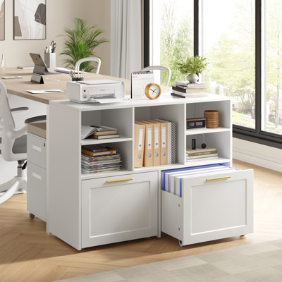 Classeur latéral avec 2 tiroirs, classeur moderne avec cubes de rangement ouverts, classeur de bureau pour format lettre / A4 / blanc