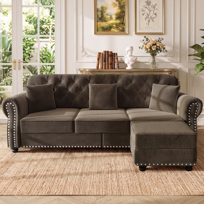 82.6" Velvet Upholstered Chesterfield Sofa Rolled-Arm Tufted Sofa Couch with Ottoman and 3 Pillows