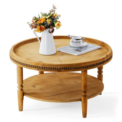 Round Coffee Table with Storage Shelf, 2-Tier Accent Table with Solid Wood Legs