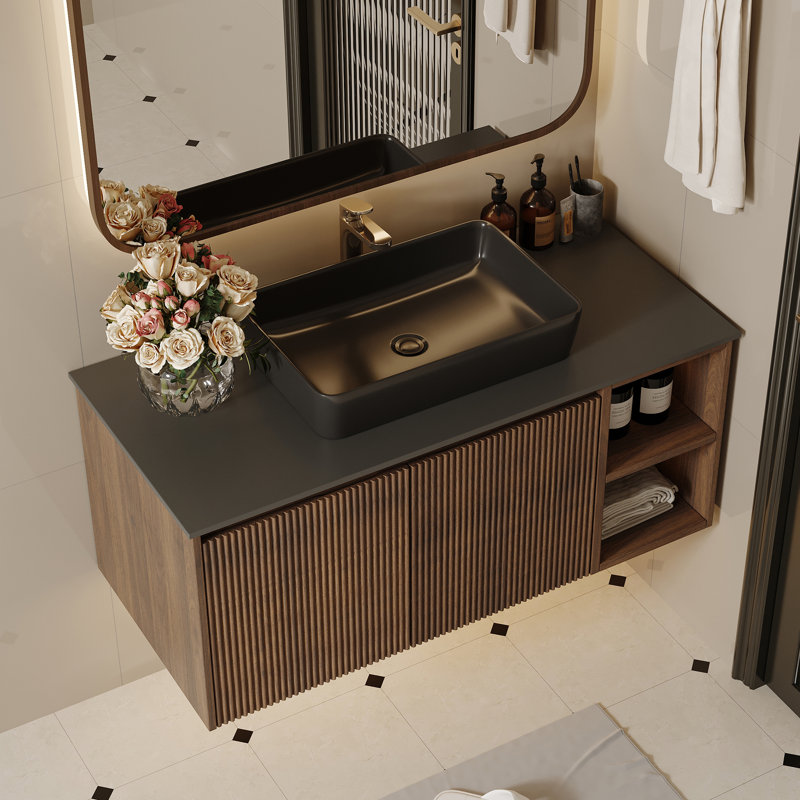 Meuble-lavabo simple avec comptoir en pierre frittée Dexheart, Bois brun, 36"