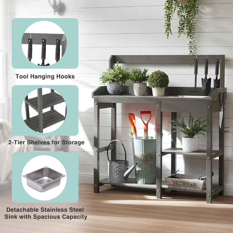 Banc de rempotage extérieur avec évier en acier inoxydable et tablettes de rangement, jardin et porche résistant aux intempéries, à l'humidité et au soleil, gris