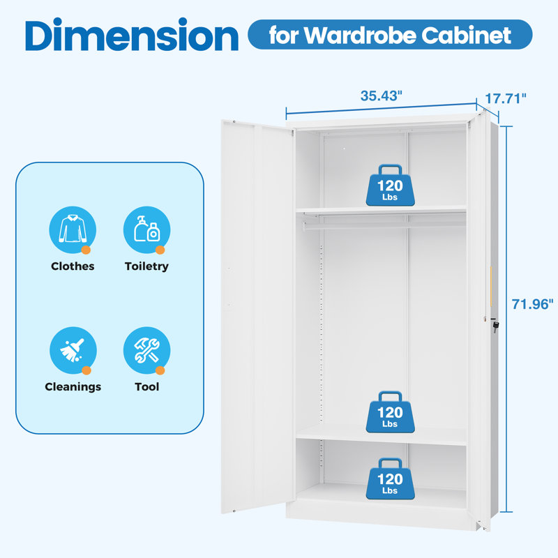 36 Inch Wide Metal Wardrobe Cabinets Storage Cabinets with Lock, White