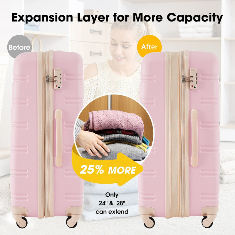 Ensemble de valises rigides 3 pièces 20 24 28 pouces avec serrure TSA, Rose