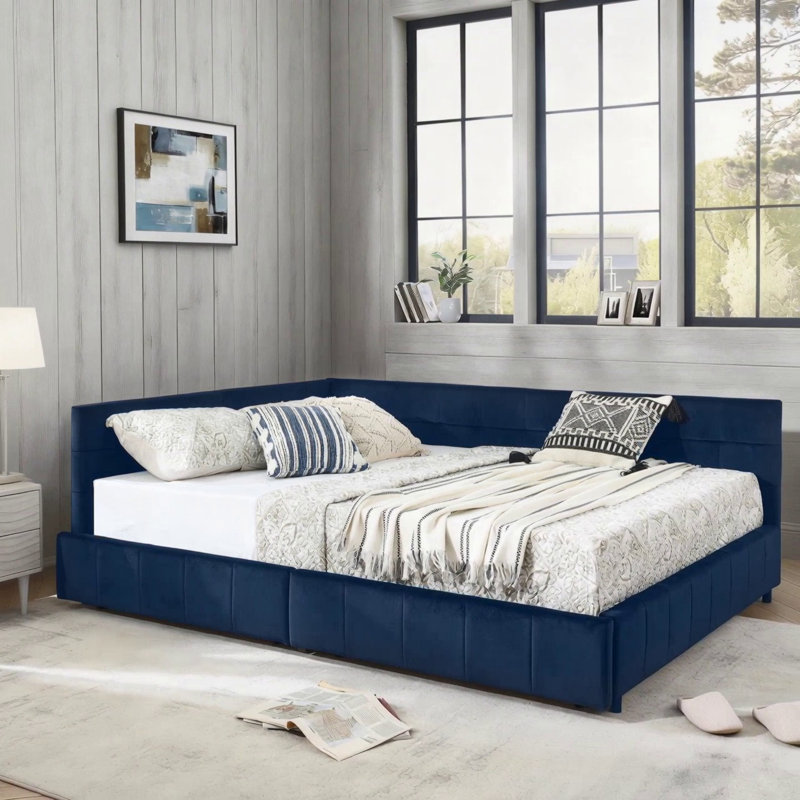 Structure de lit tapissier pour grand lit, Grand, Bleu foncé